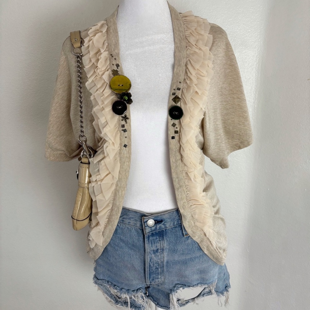 Mia Knit Cardigan – Ruffle Trim + Ceramic Buttons – Beige – S/M